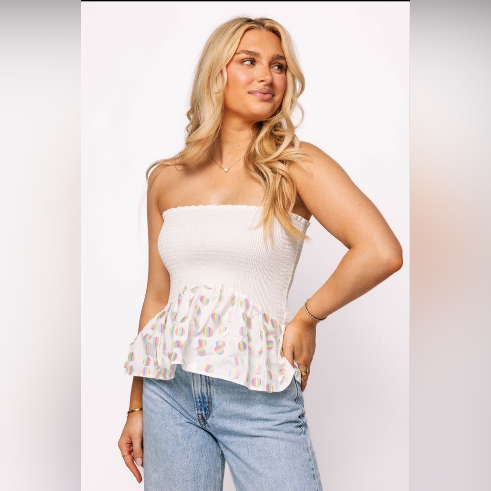 New! QUEEN OF SPARKLES White Smocked Rainbow Sequin Paillette Top